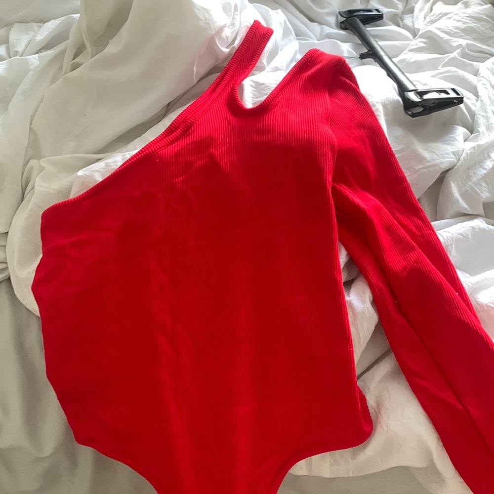 Tight red one shoulder body suit, S.